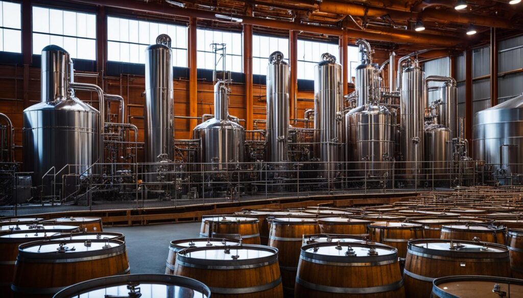 A Canadian whisky warehouse full of stills and barrels.