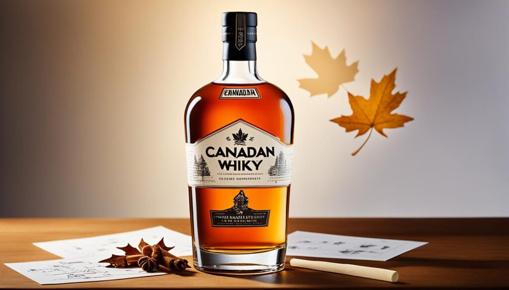 A bottle of Canadian whisky on a wooden table.