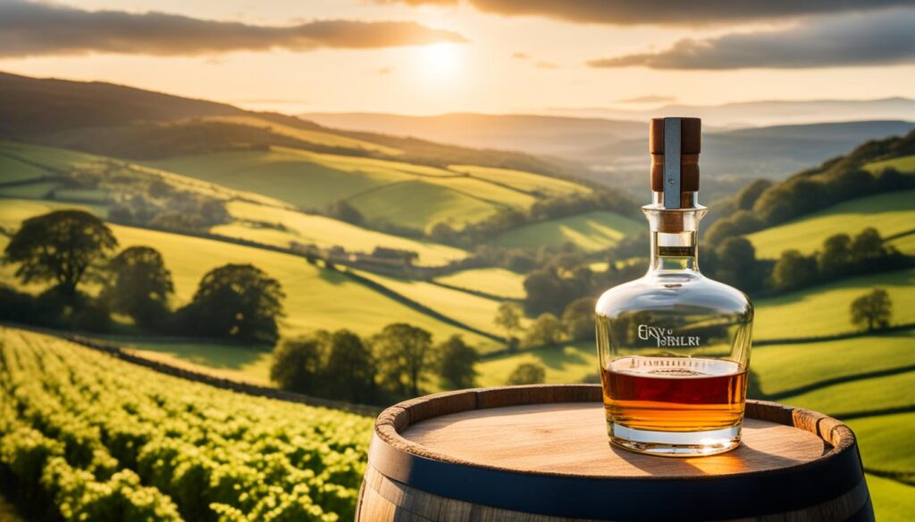 A bottle of English whisky rests atop a barrel against a backdrop of breathtaking mountain scenery and a sunset.