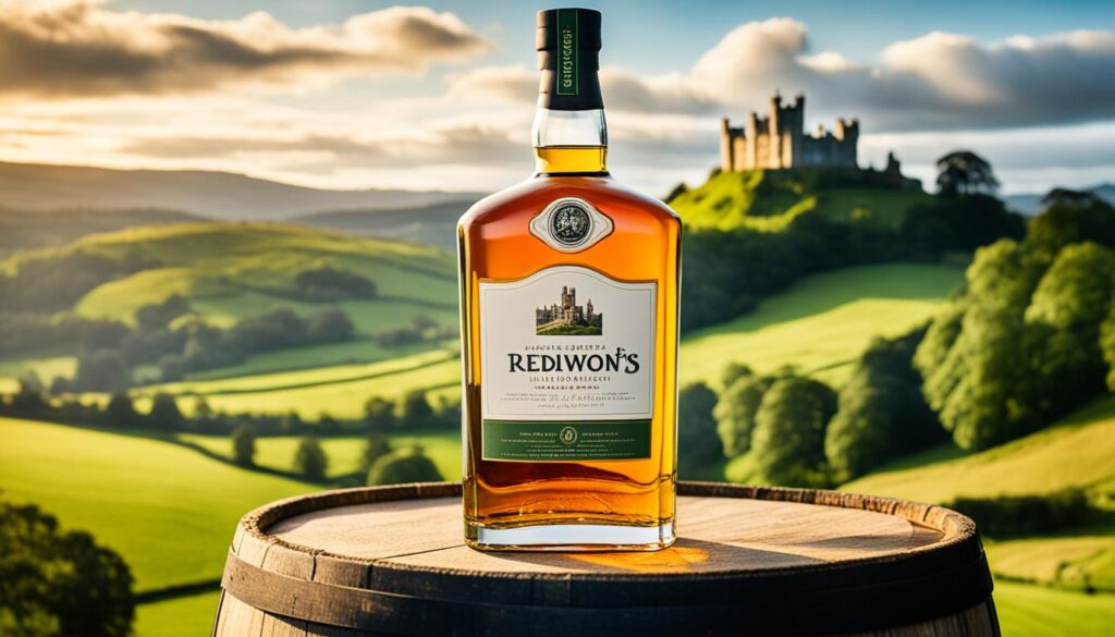 A bottle of English whisky on top of a barrel.