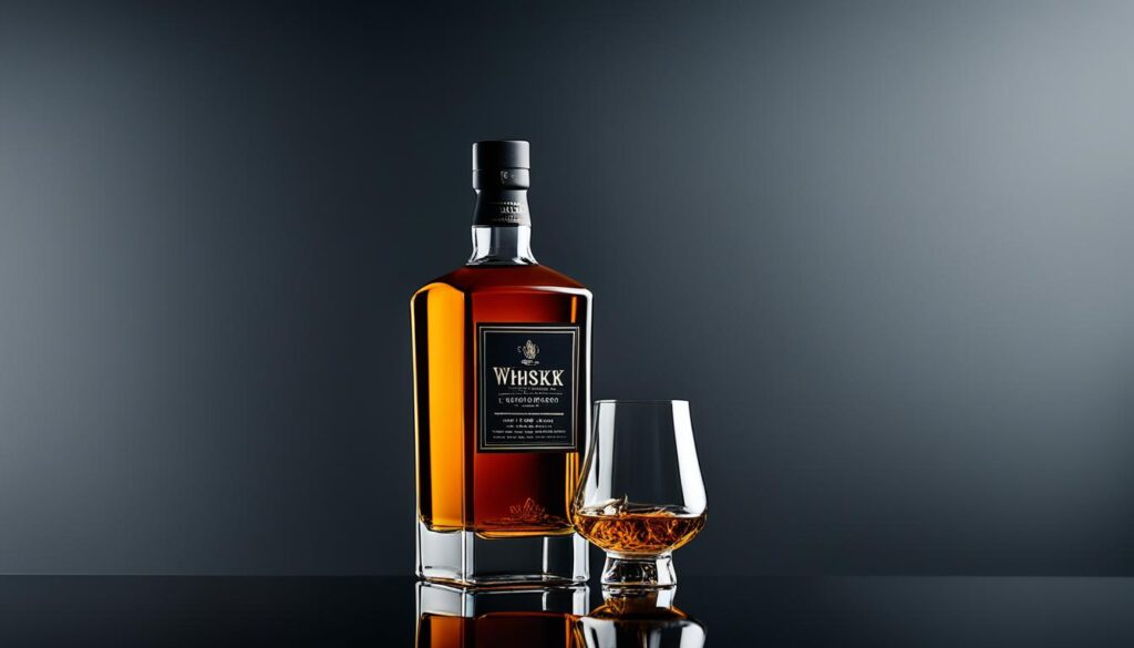 A bottle of whisky beside a tulip-shaped glass with whisky in it.