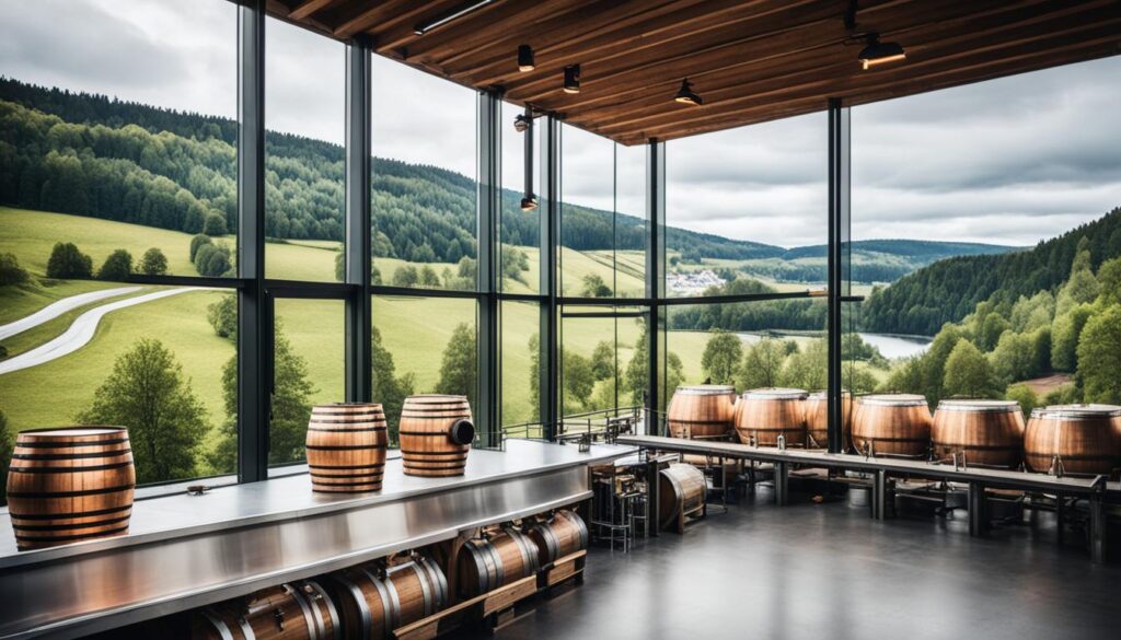 A German whisky distillery full of barrels. 