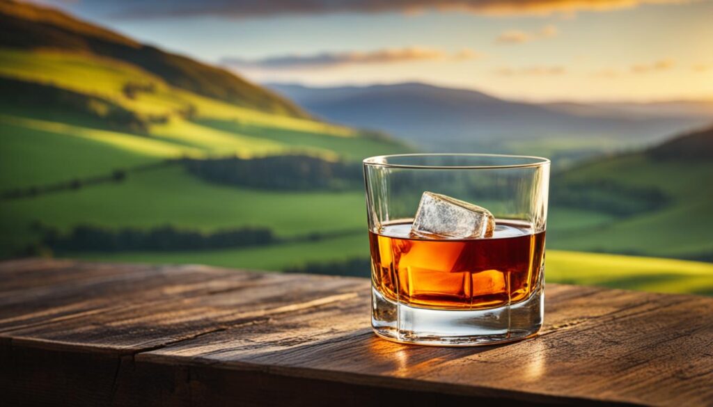 A glass of Irish whiskey with an ice cube.