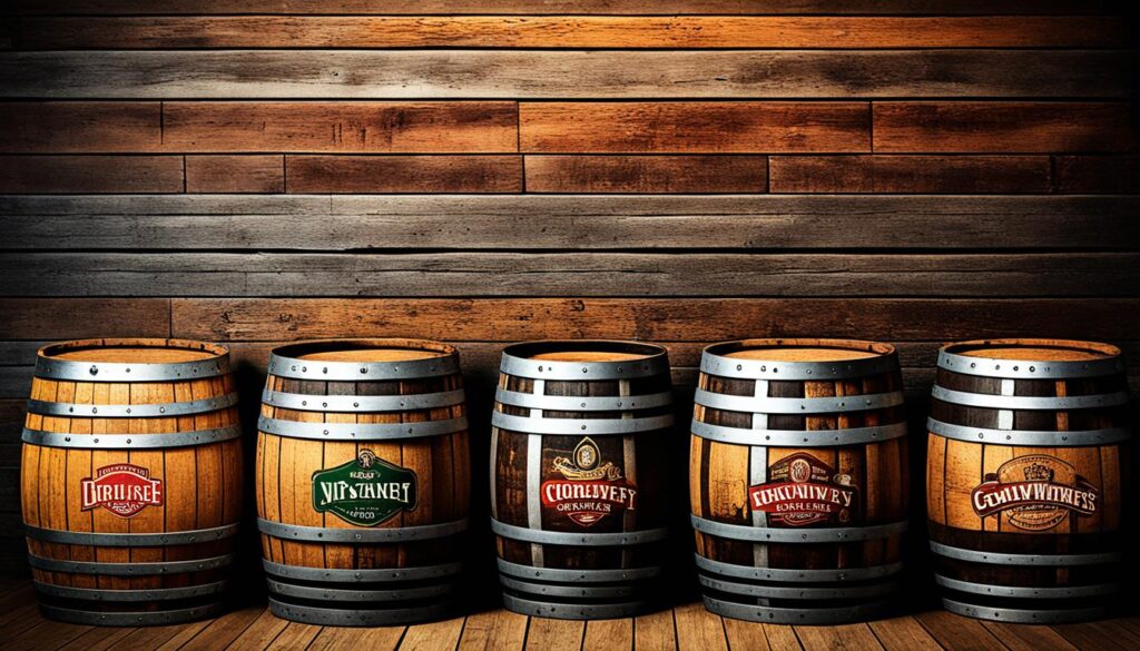 Five different barrels of Irish whiskey brands lined up on a wooden floor.