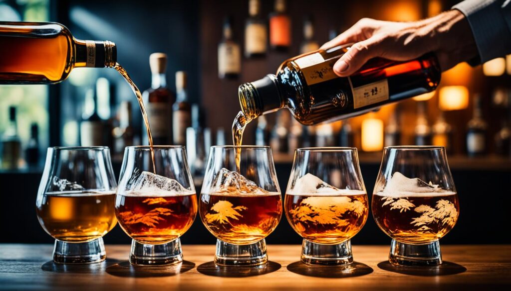 People pouring two bottles of whisky in five glasses filled with ice on a bar counter.