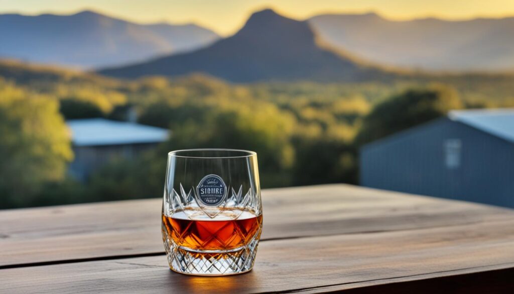 A glass of South African whisky sitting on top of a wooden table, with a mountainous view in the background.