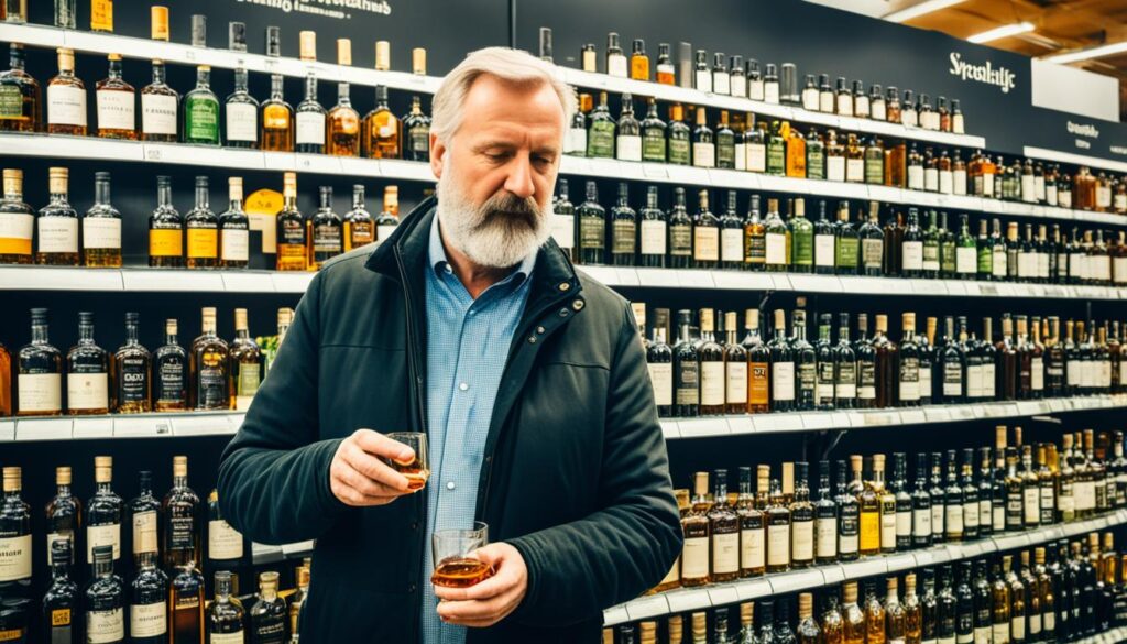 A man holding two glasses of whisky while shopping at Systembolaget.