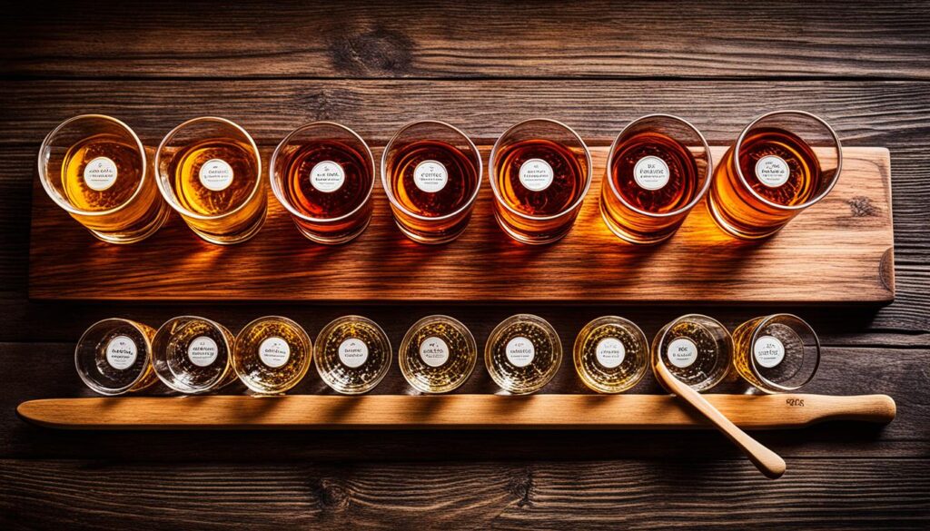 Multiple glasses aligned on a wooden platform, filled with different whiskies for whiskey tasting.