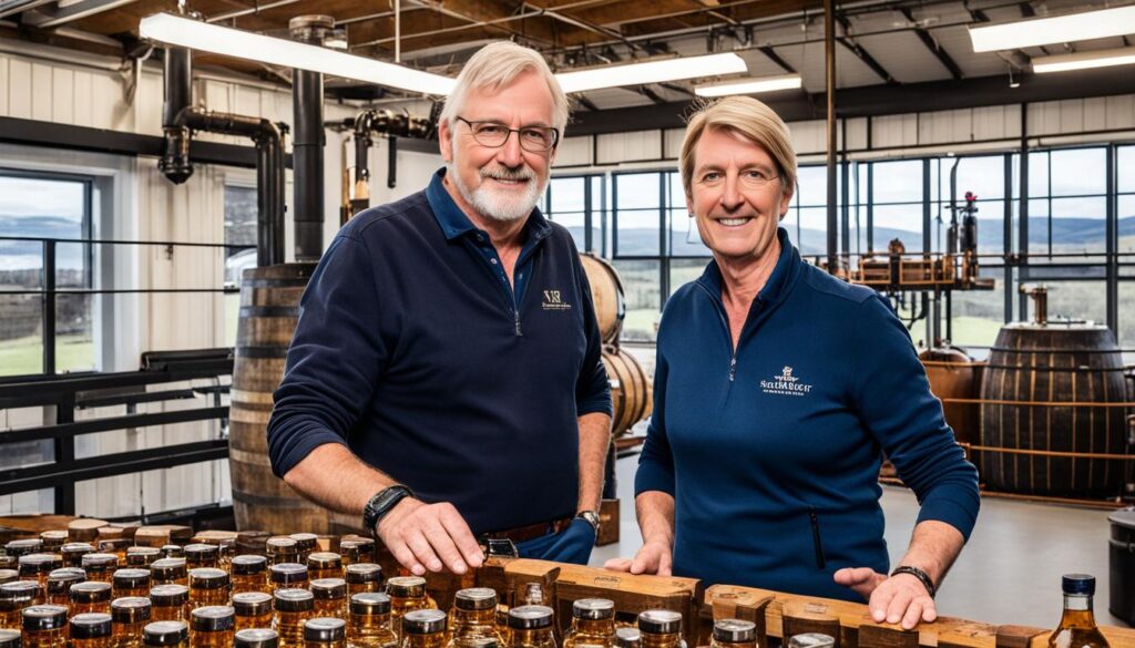 James Sedgwick and a woman inside a distillery.