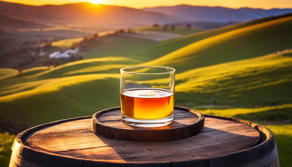  glass of whiskey on a wooden plate on a barrel, with the sunset and mountainous view of Scotland in the background.