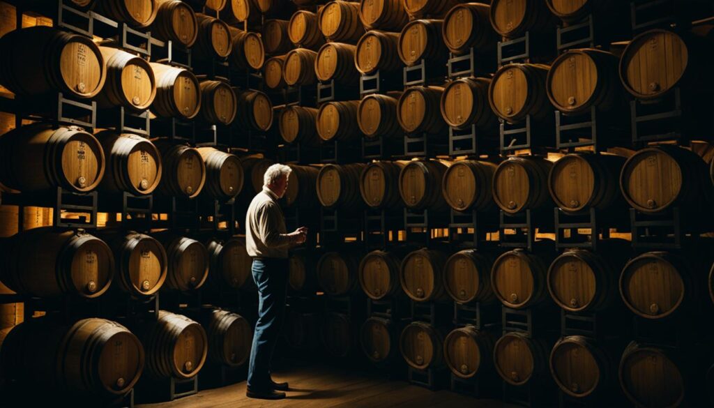 A man in a bourbon warehouse full of barrels.