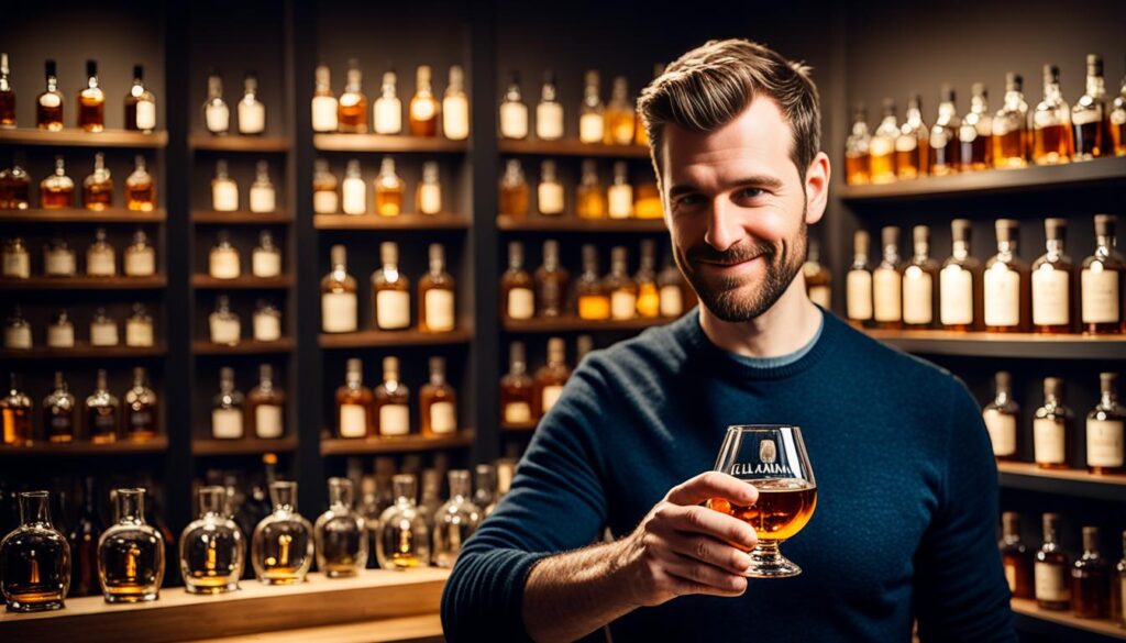 A man holding a glass of whiskey at a whiskey bar.