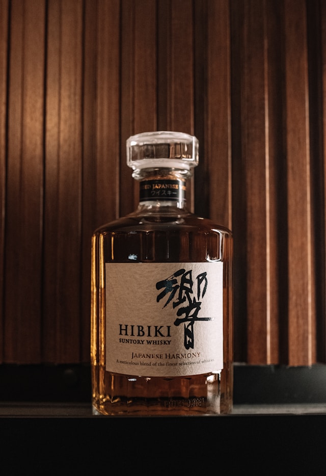 A bottle of Hibiki Suntory Whisky.