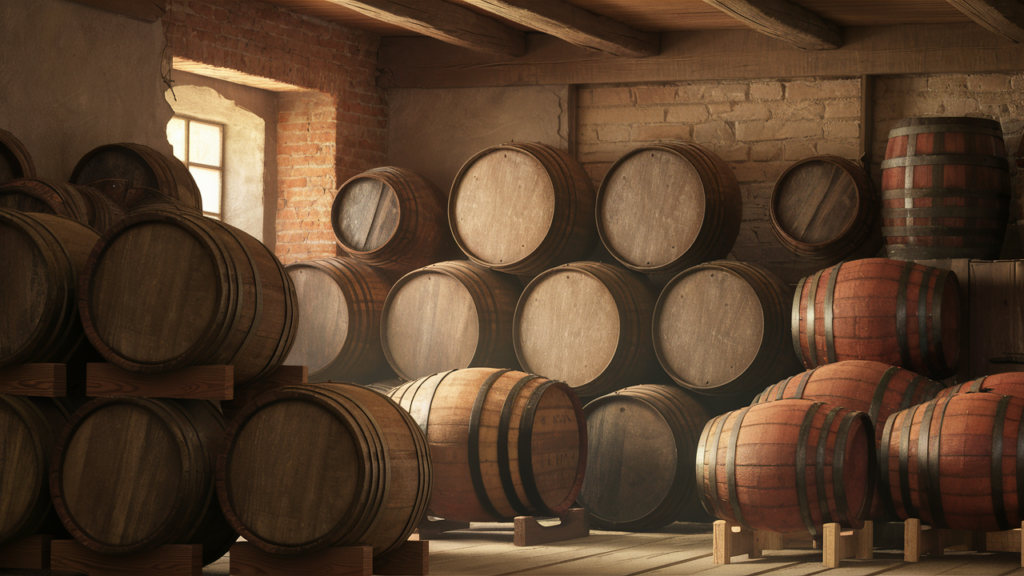 A rustic storage room featuring a carefully arranged collection of barrels