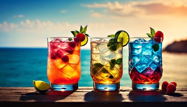 Three colorful whiskey cocktails in glasses filled with ice, garnished with mint leaves, lime, and berries, against the beach.