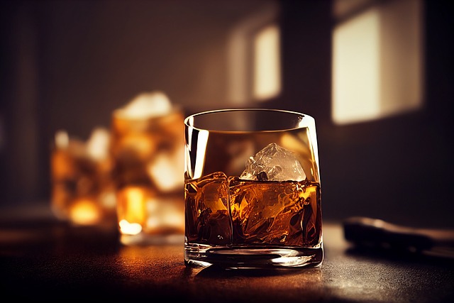 A close-up image of a glass filled with whiskey and ice cubes, placed on a dimly lit surface.