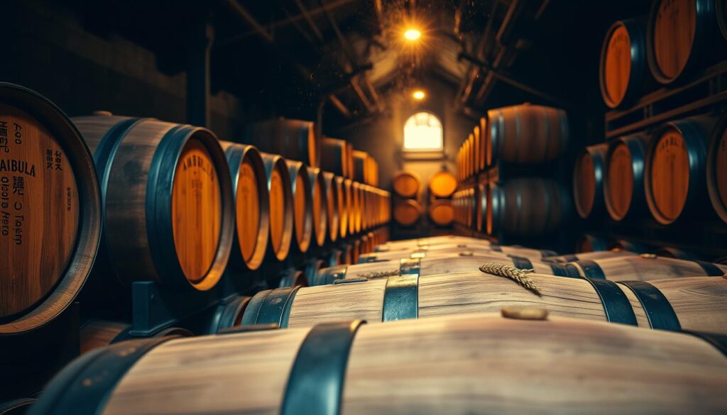 Wooden barrels aging in a dimly lit whiskey distillery.