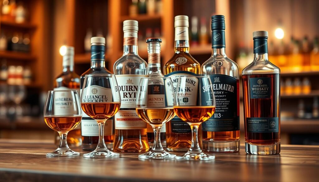 An assortment of whiskey bottles and glasses displayed on a wooden counter in a cozy bar setting.