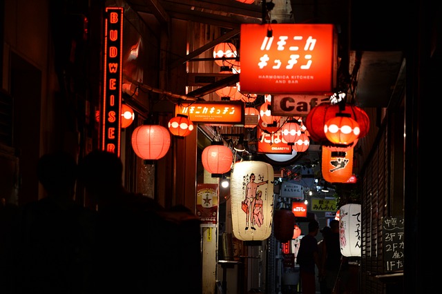 A vibrant Japanese izakaya alley, lit by glowing red lanterns and colorful neon signs at night