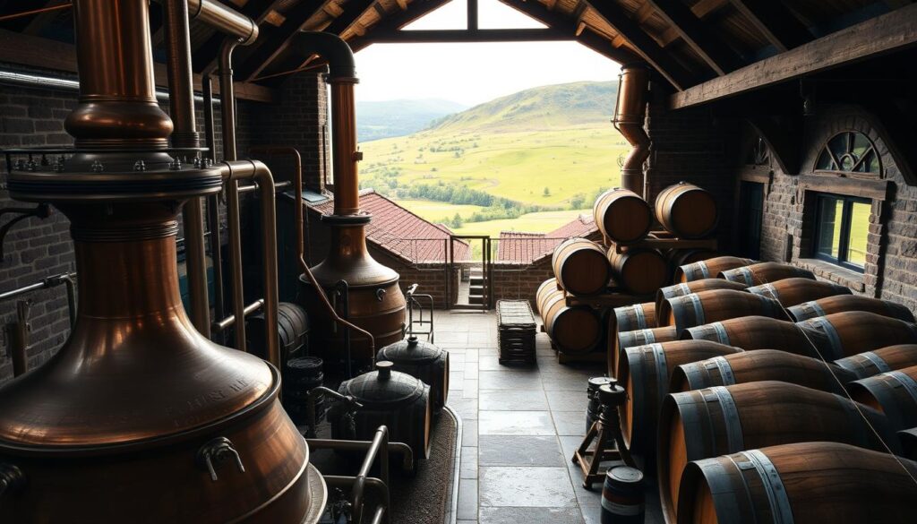 An interior of a whiskey distillery with copper stills and barrels, overlooking a scenic countryside through an open window.