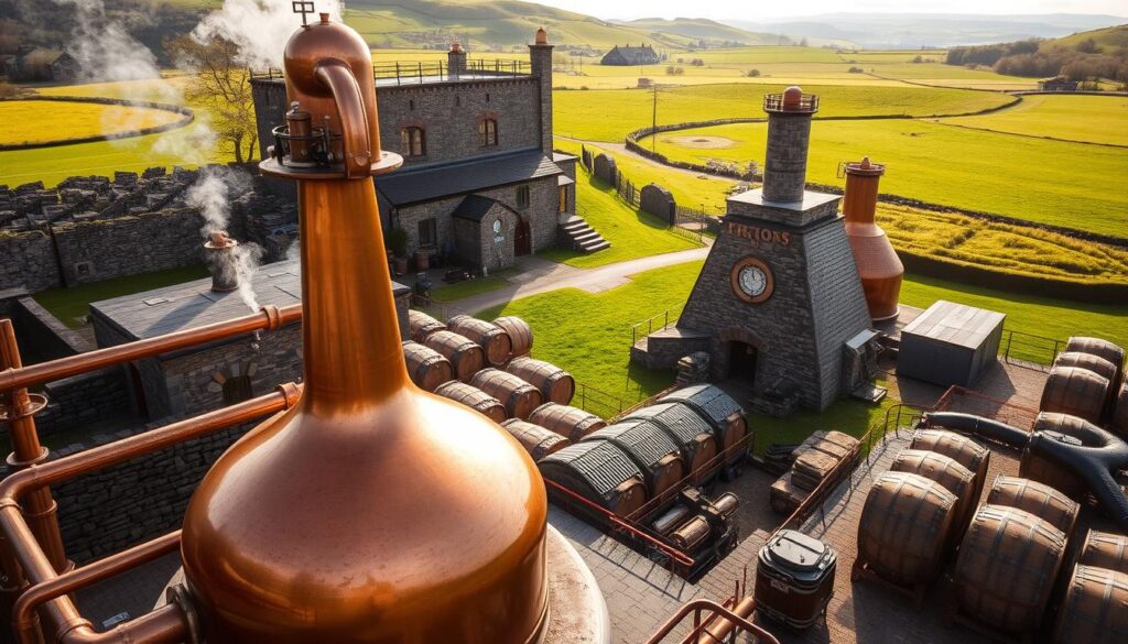 A scenic whiskey distillery with copper stills, stone buildings, and barrels set against rolling green hills.