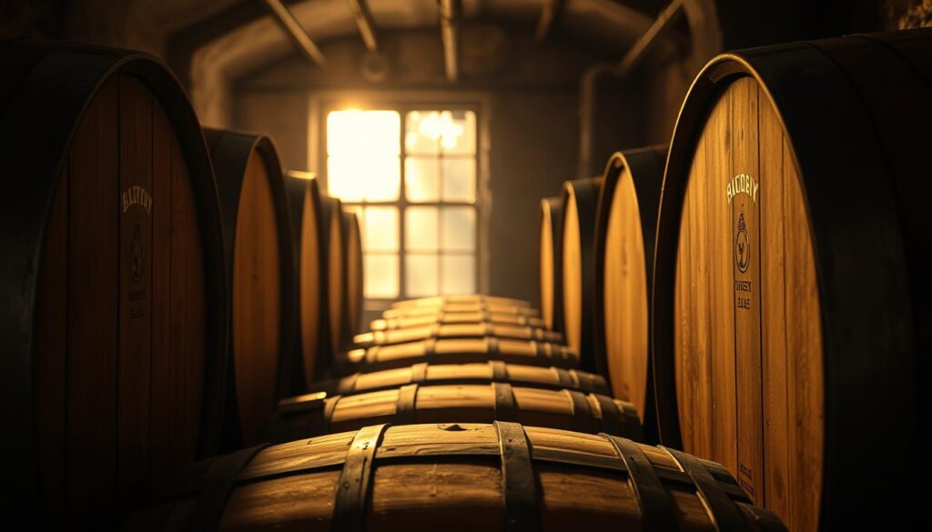 whiskey aging in oak barrels