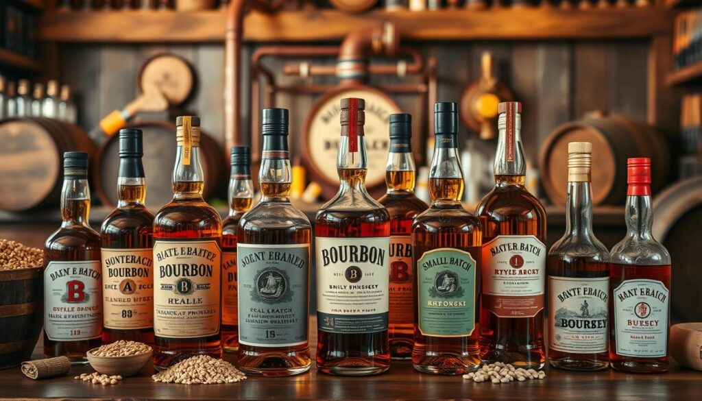 A lineup of bourbon bottles displayed on a wooden table with grains and barrels in the background.