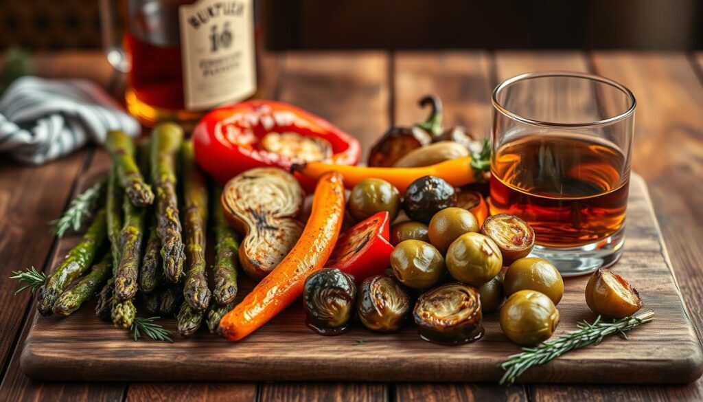 
A wooden platter featuring grilled vegetables like asparagus, peppers, and Brussels sprouts, paired with a glass of whiskey.