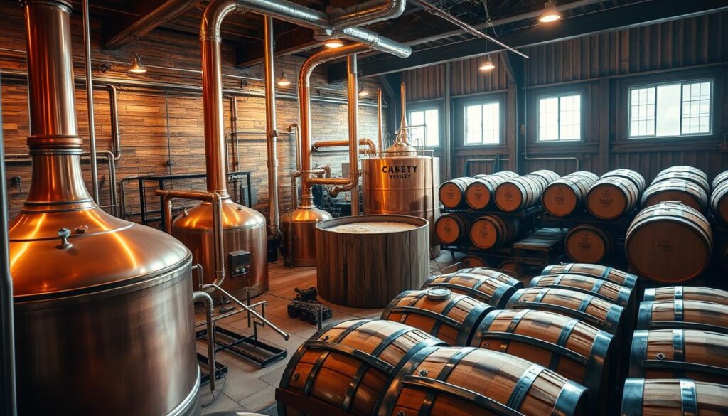 An interior of a whiskey distillery with copper stills, wooden barrels, and grain vats in a rustic wooden setting.