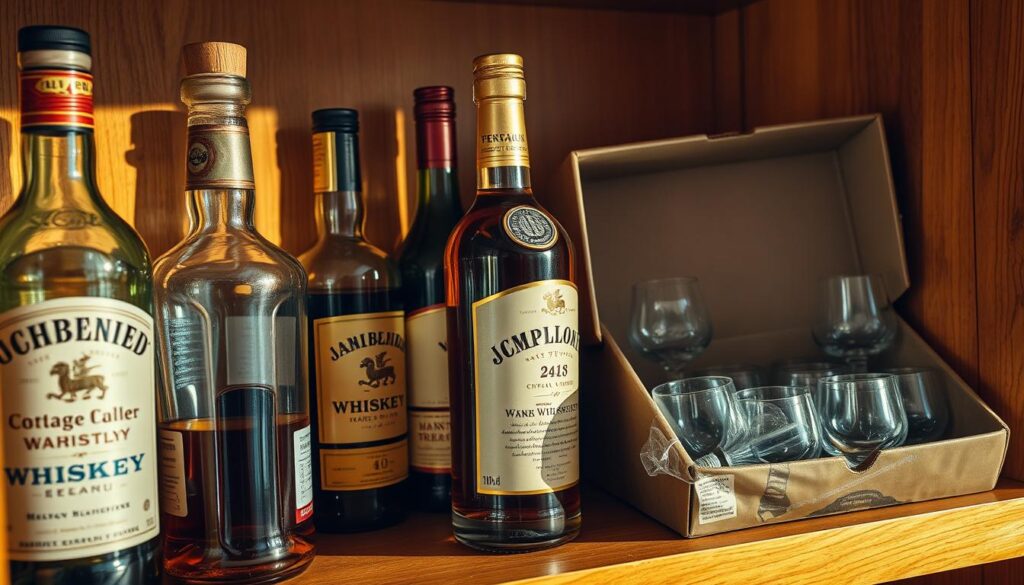 A collection of whiskey bottles displayed on a wooden shelf alongside a box of whiskey tasting glasses.