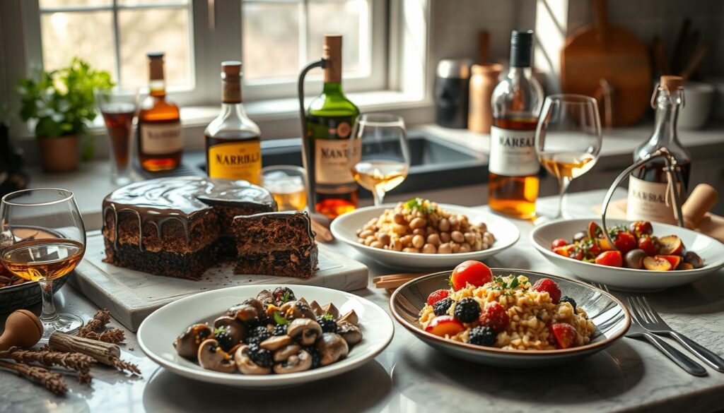 Gourmet dishes including risotto, roasted vegetables, beans, and a rich chocolate cake, paired with whiskey bottles and glasses.