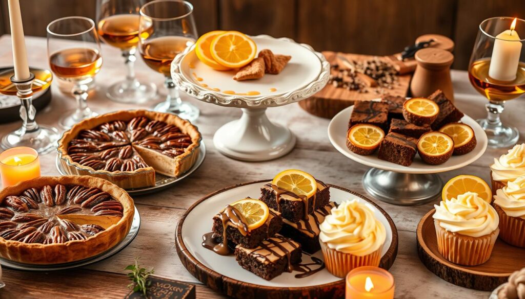 A cozy dessert table featuring pecan pies, brownies, cupcakes, and whiskey glasses, surrounded by warm candlelight.