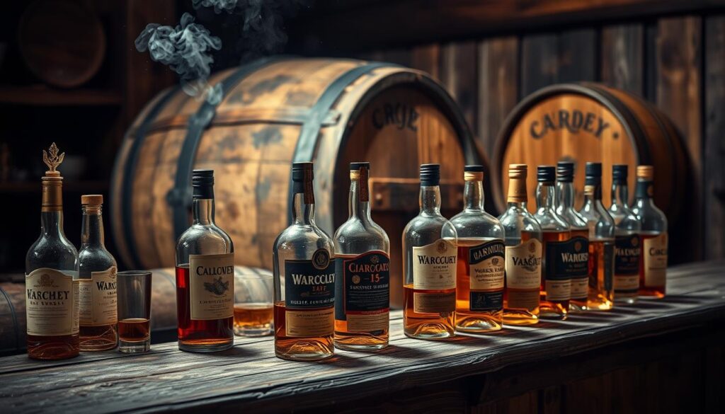 A selection of whiskey bottles lined up on a rustic wooden table with aging barrels in the background.