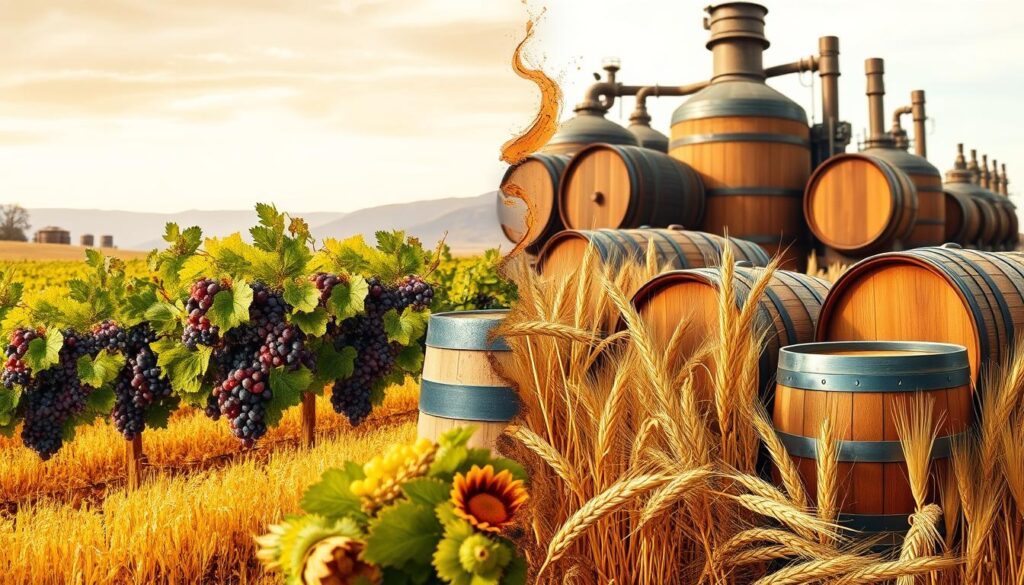 Grapevines and sunflowers meet whiskey barrels and wheat in a sunny rural blend.