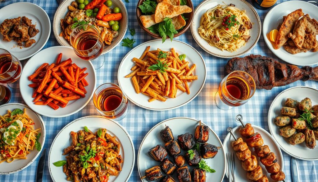 A variety of dishes including pasta, grilled meats, roasted vegetables, and whiskey glasses on a checkered tablecloth.