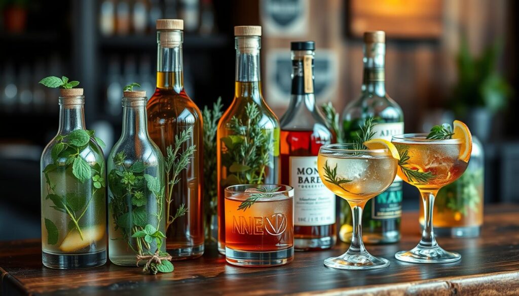 A collection of herb-infused spirits and cocktails on a wooden bar.