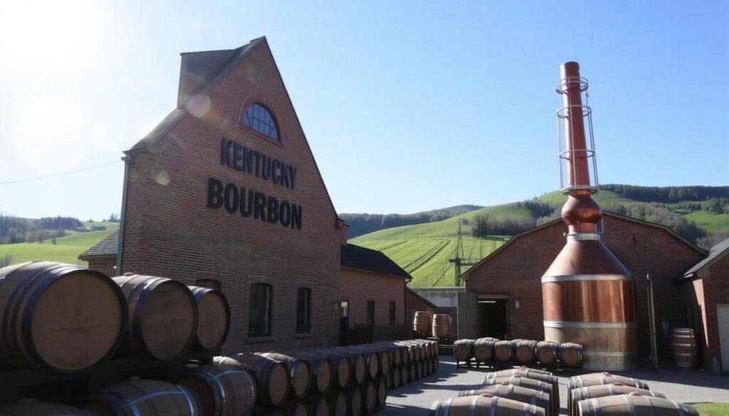 A Kentucky bourbon distillery with barrels outside and scenic green hills in the background.