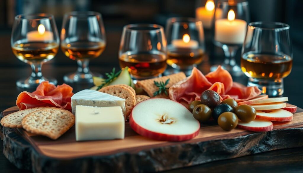 Charcuterie board featuring cheese, crackers, prosciutto, olives, and apple slices, paired with whiskey glasses at the back.