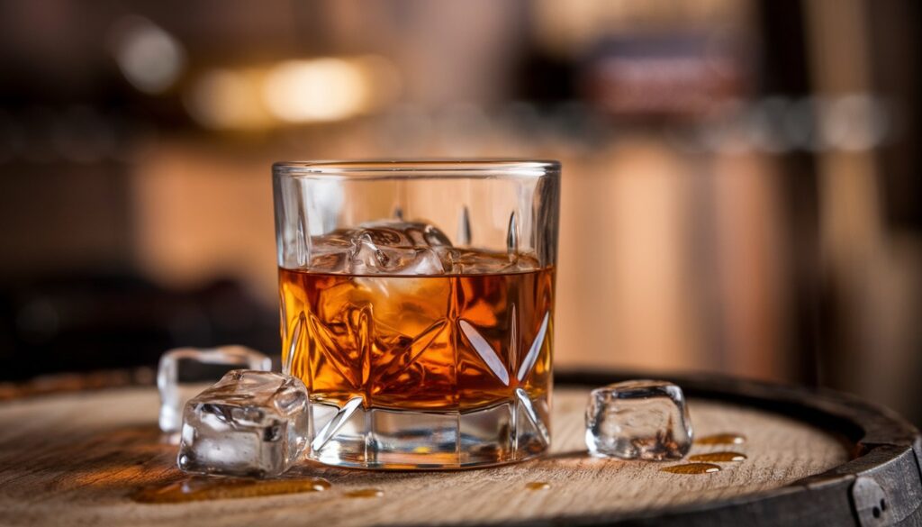 A glass of whiskey with ice on a wooden surface, softly lit background.