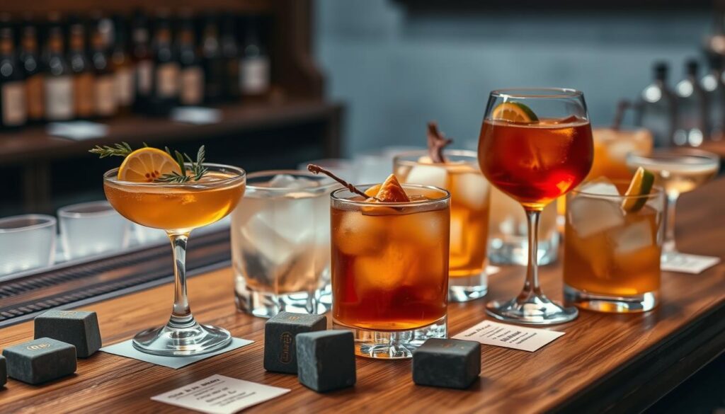 A variety of whiskey cocktails on a wooden bar, garnished with citrus and herbs.