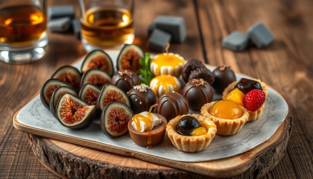 Elegant assortment of chocolate-dipped figs, truffles, and fruit tarts with glasses of whiskey in the background.