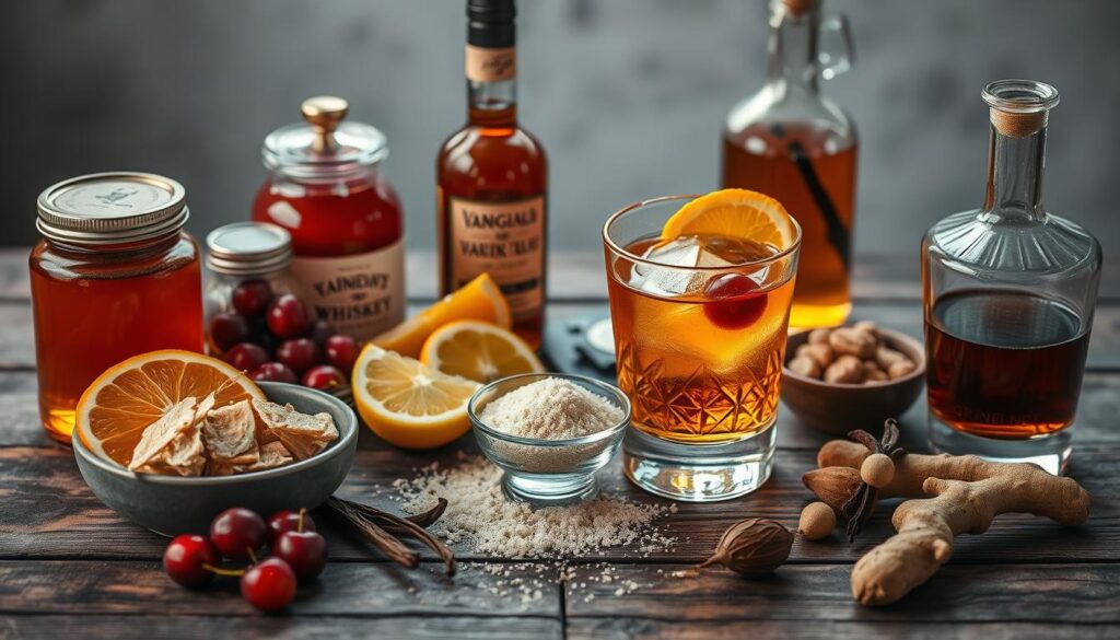 A rustic setup with whiskey, garnishes, and cocktail ingredients on a wooden table.