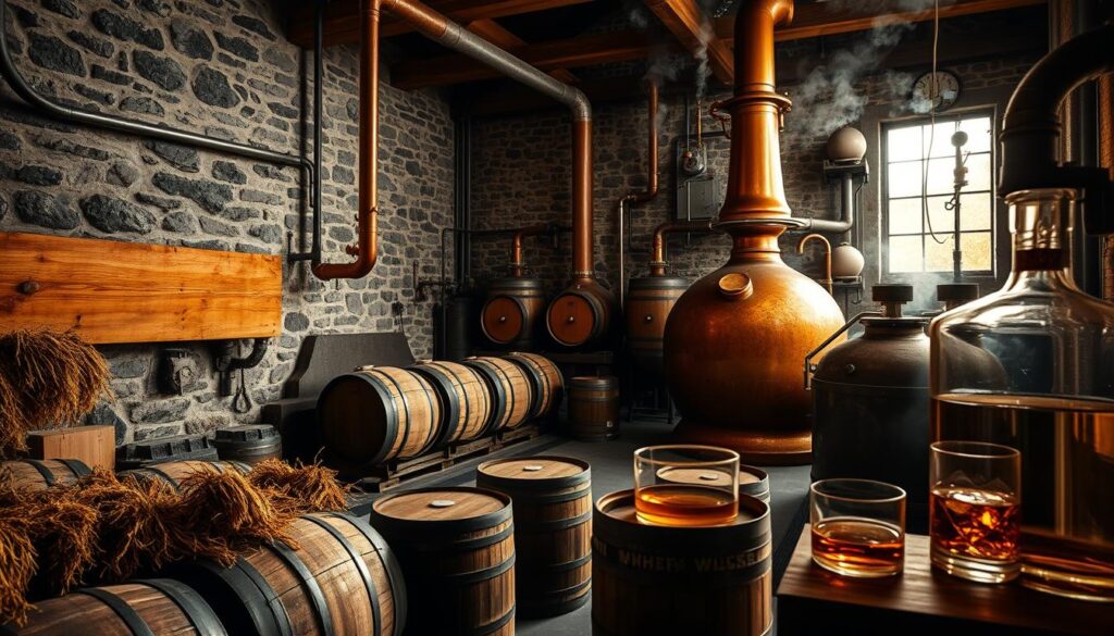 A traditional whiskey distillery with copper stills, wooden barrels, and glasses of whiskey.