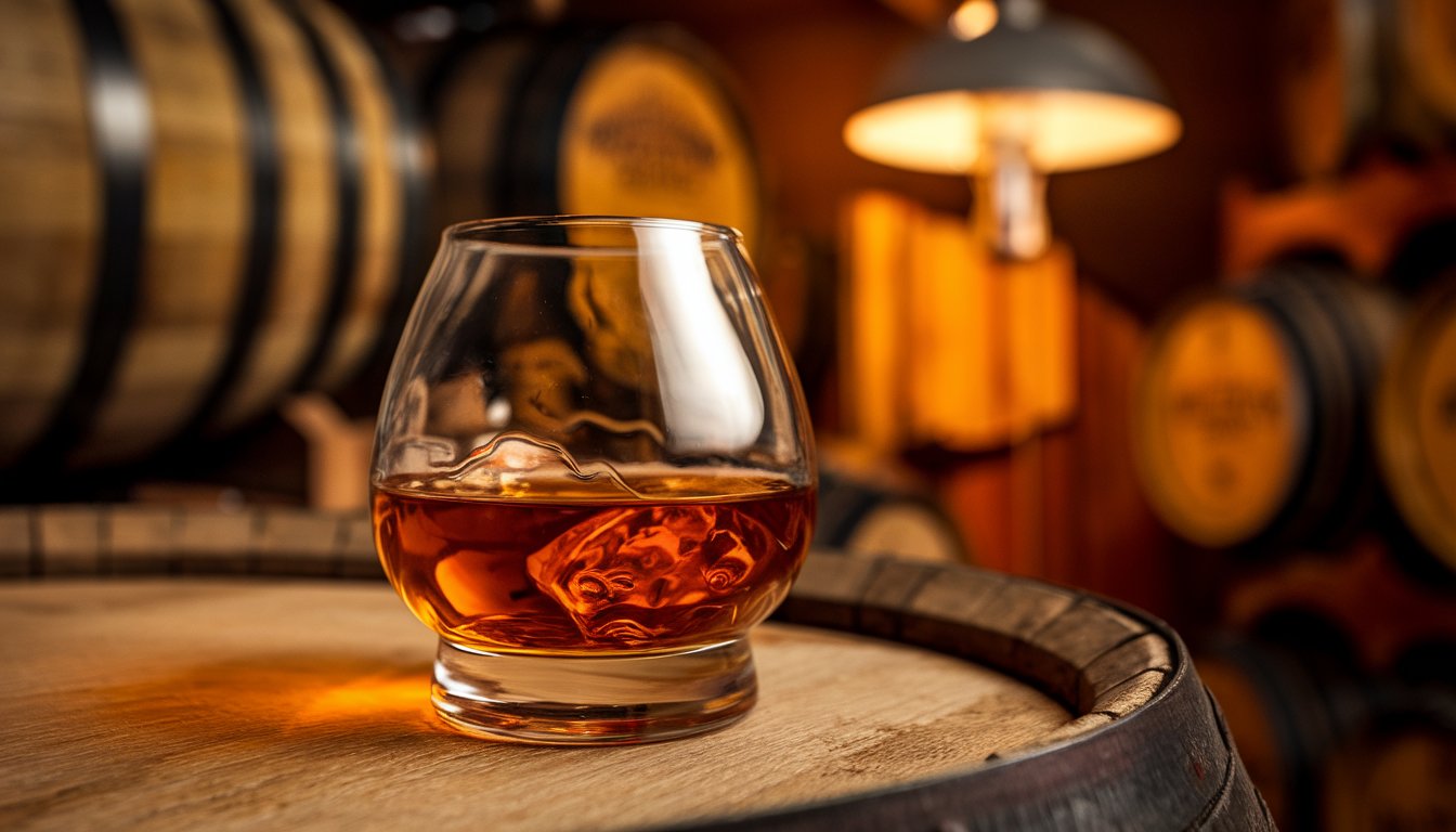 A glass of whiskey with ice sits on a barrel, surrounded by oak casks in a warmly lit distillery setting.