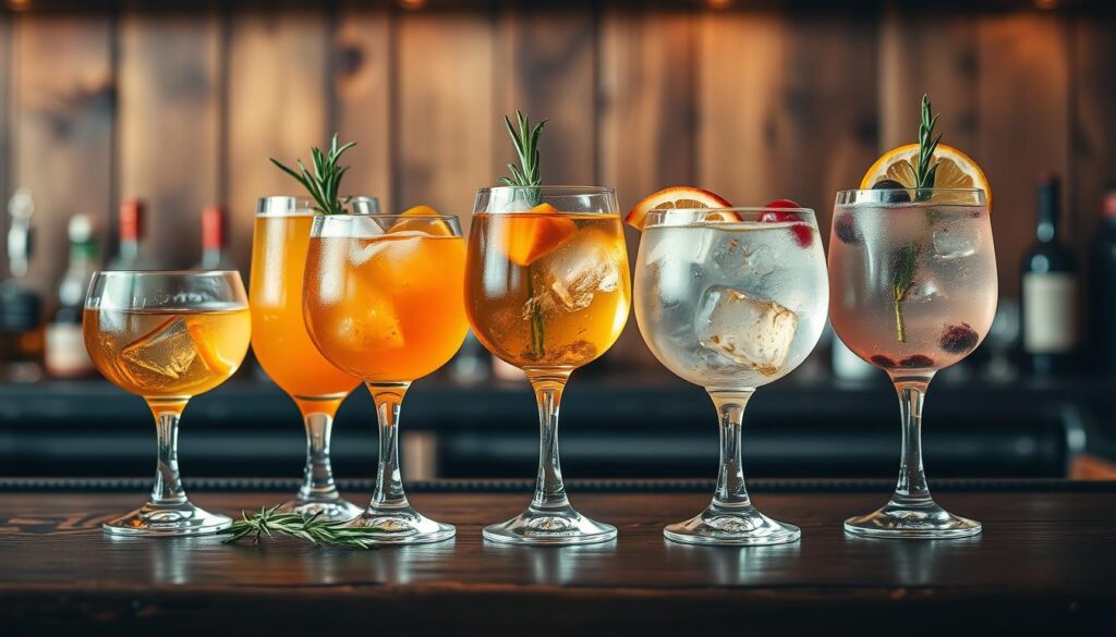 A row of colorful cocktails garnished with herbs and fruits on a wooden bar.