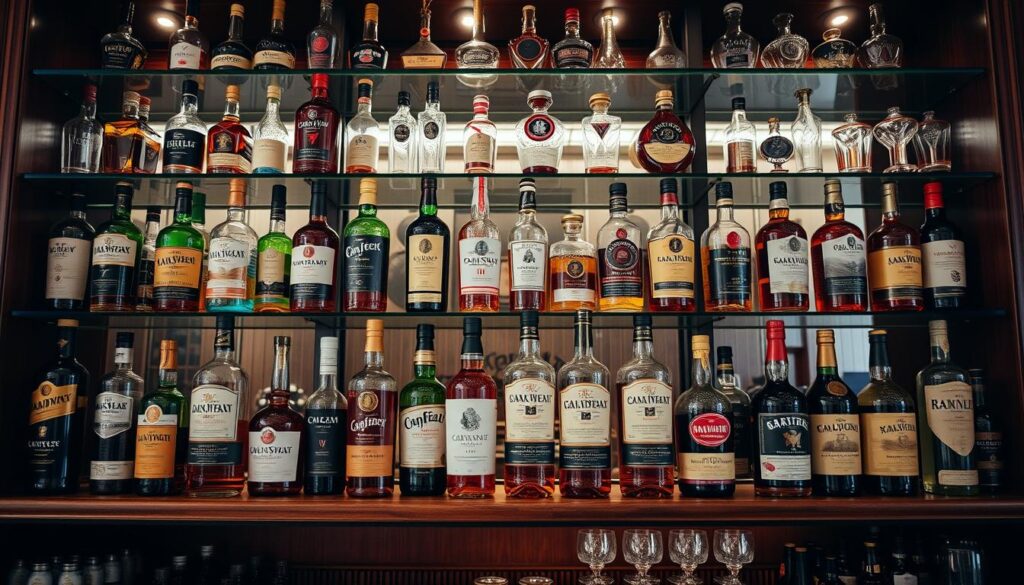 A large collection of whiskey bottles arranged on glass shelves, illuminated by warm lighting in an upscale display.