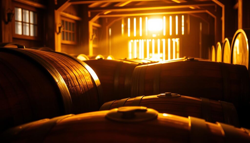 Sunlit whiskey barrels in a rustic aging warehouse with warm, golden light streaming through wooden slats.