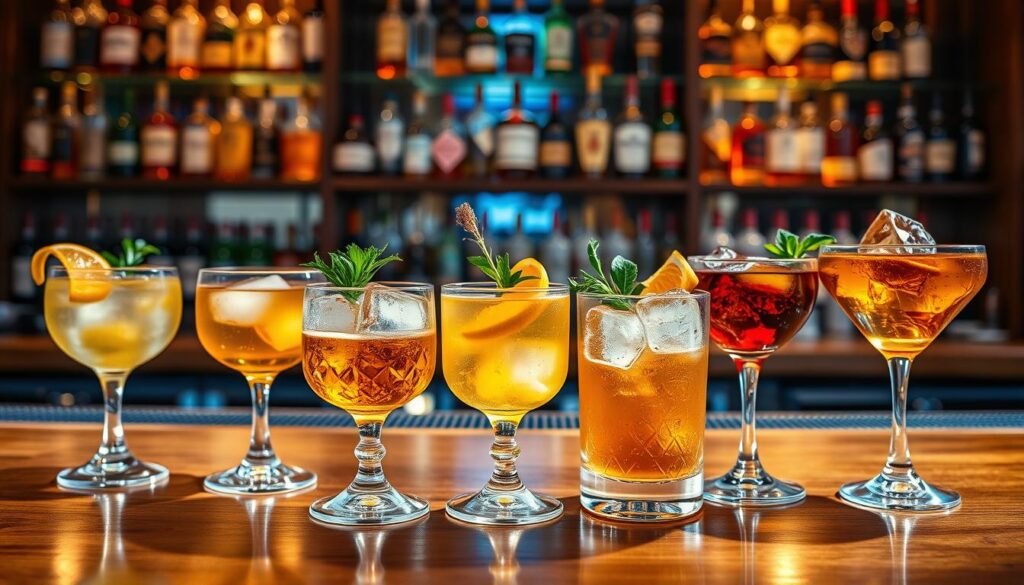 A variety of colorful whisky cocktails displayed on a bar with bottles in the background.