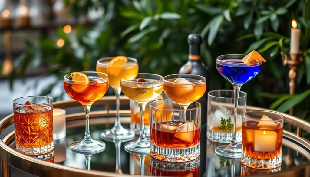 An elegant assortment of whiskey cocktails on a gold tray, featuring vibrant colors, garnishes, and a lush green backdrop.