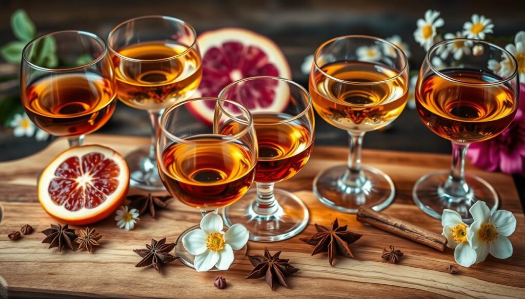 Whiskey glasses with star anise, cinnamon, blood orange, and flowers on a wooden board for a warm, aromatic presentation.